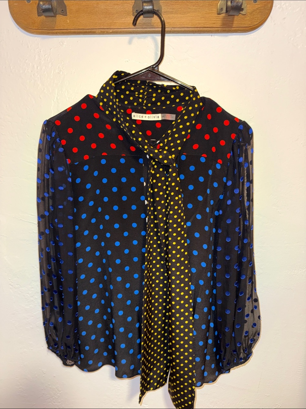 Alice + Olivia Black Polka Dot Mixed-Color Tie-Neck Blouse - Picture 6 of 6